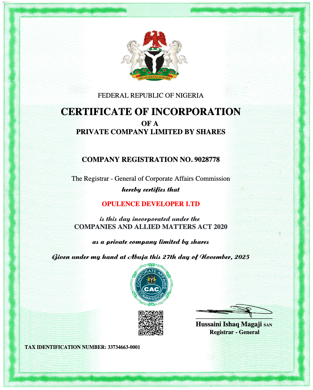 Corporate Affairs Commission (CAC) Certificate - OpulenceDeveloper